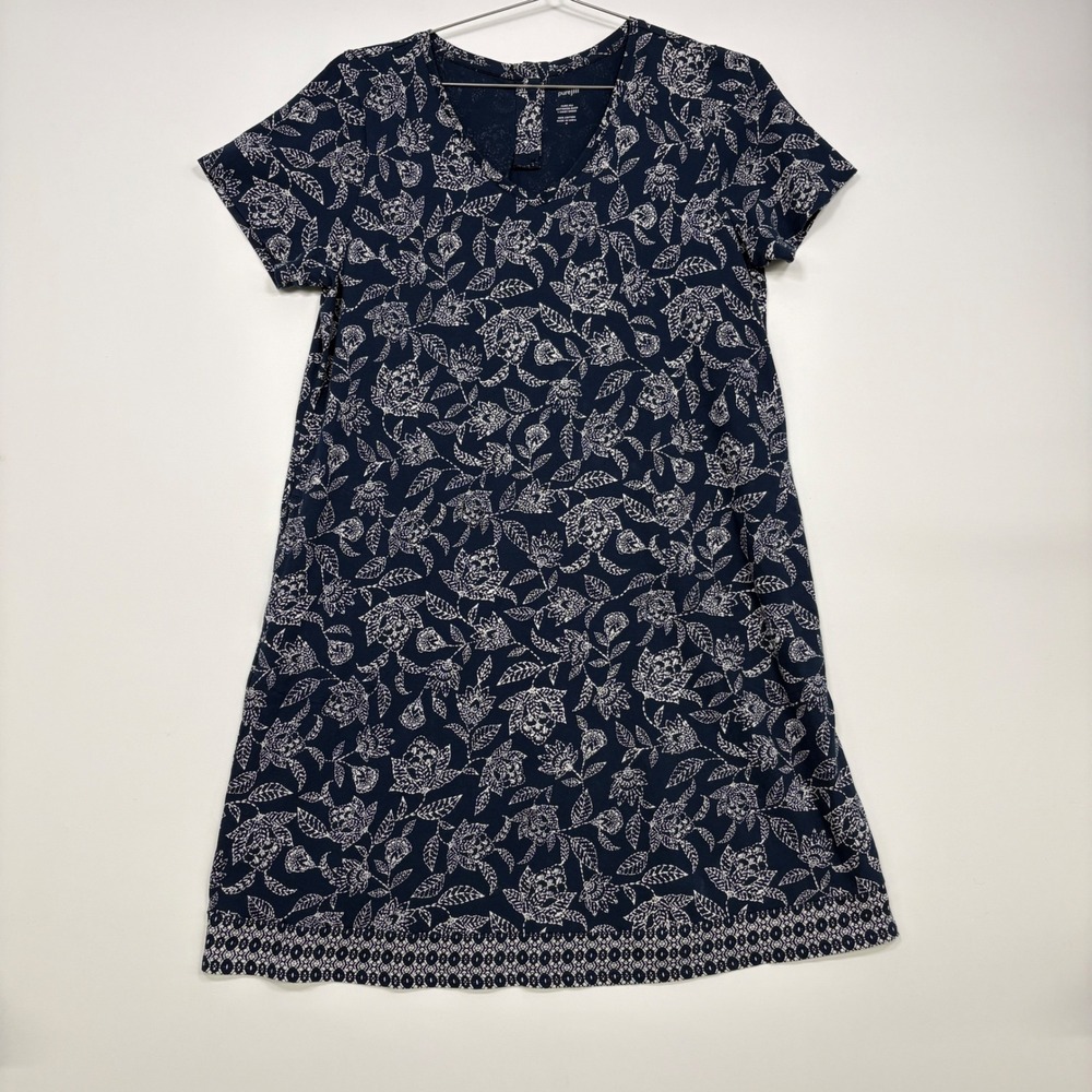 Pure Jill Womens T-Shirt Dress Size M Navy Blue Floral Button-Back Cotton Pocket